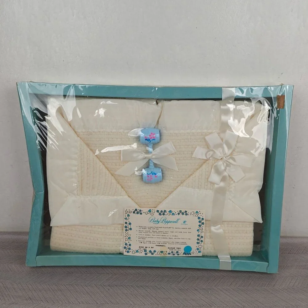 Vintage Baby Pepperell Thermal Blanket Cream Woven Soft Newborn Gift With Rattle